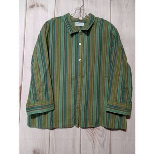 Villager Shirt Ladies 18 Green Striped‎ Button Front 3/4 Sleeve